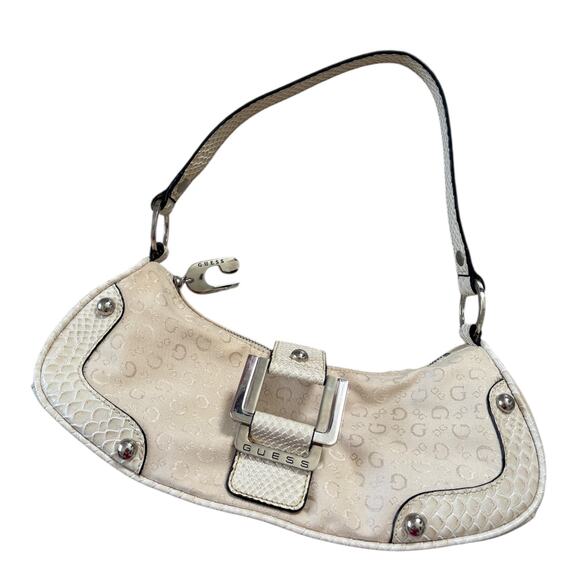 VTG Guess Y2K Cream Logo Faux Croc Patent Leather Shoulder Bag Studded EUC - Picture 8 of 13